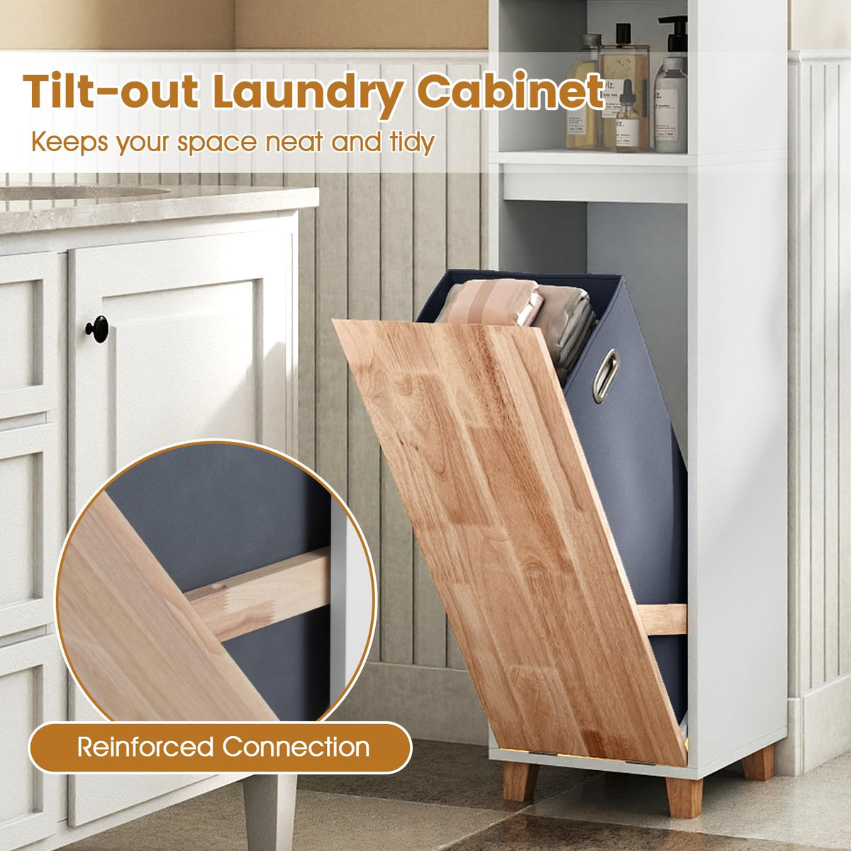 Tall Bathroom Storage Organizer Unit with Rubber Wood Doors