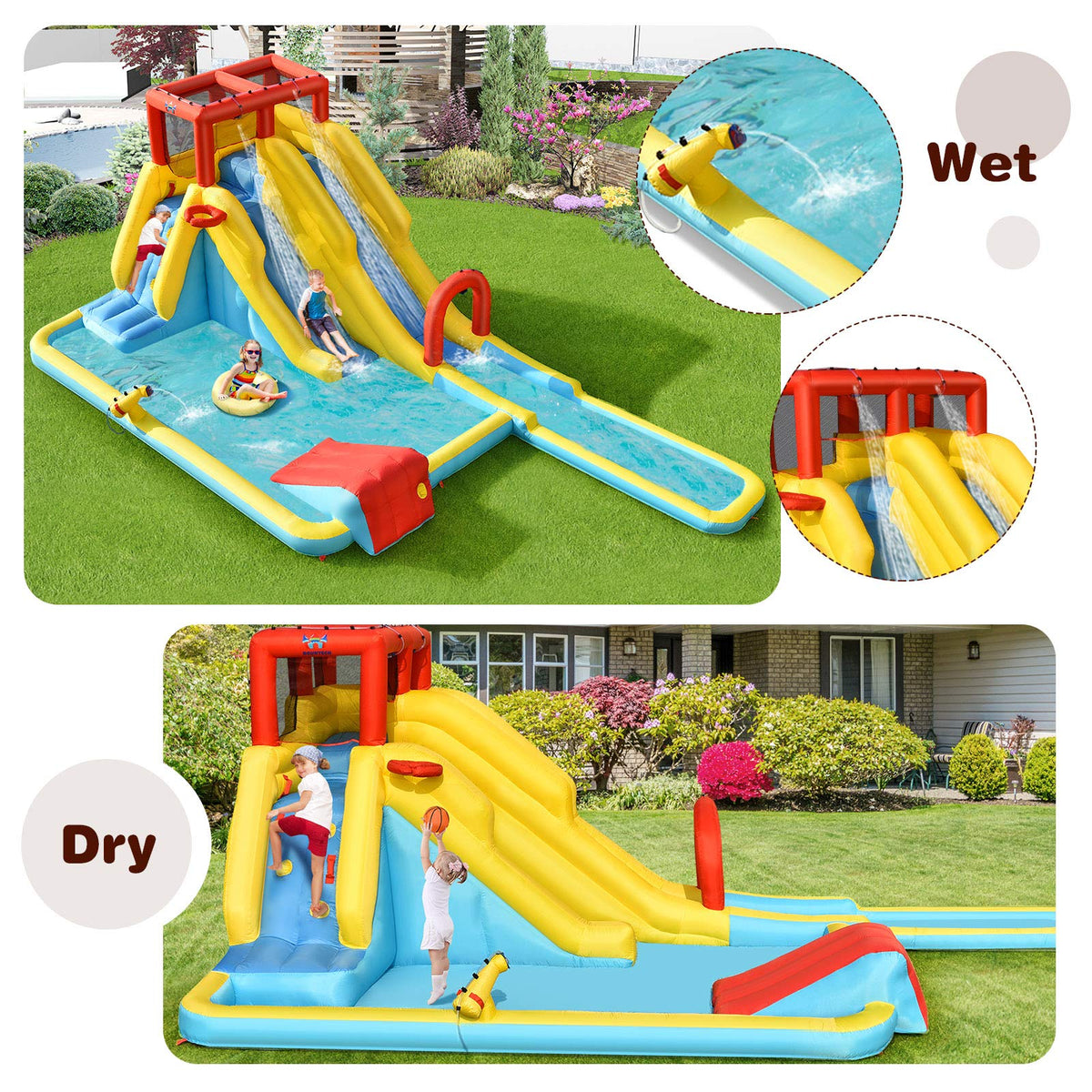 Inflatable Water Slide, 7-in-1 Double Long Slide Inflatable Water Park w/Climbing Wall (with 750W Blower)