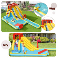 Inflatable Water Slide, 7-in-1 Double Long Slide Inflatable Water Park w/Climbing Wall (with 750W Blower)