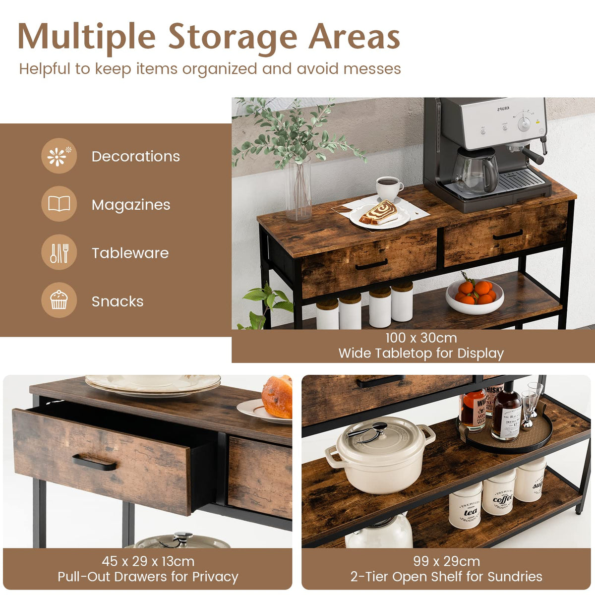 Giantex 100CM Console Table, Behind Couch Table with 2 Folding Fabric Drawers & Shelves , Rustic Brown