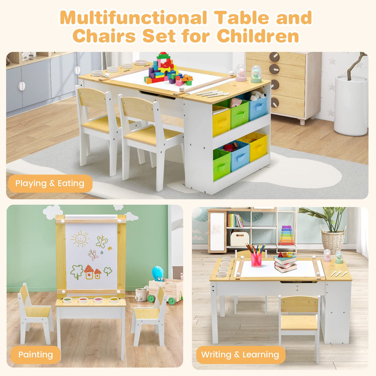 Kids Table and Chairs Set, 2 in 1 Wooden Art Table & Easel Set for Children with 2 Chairs