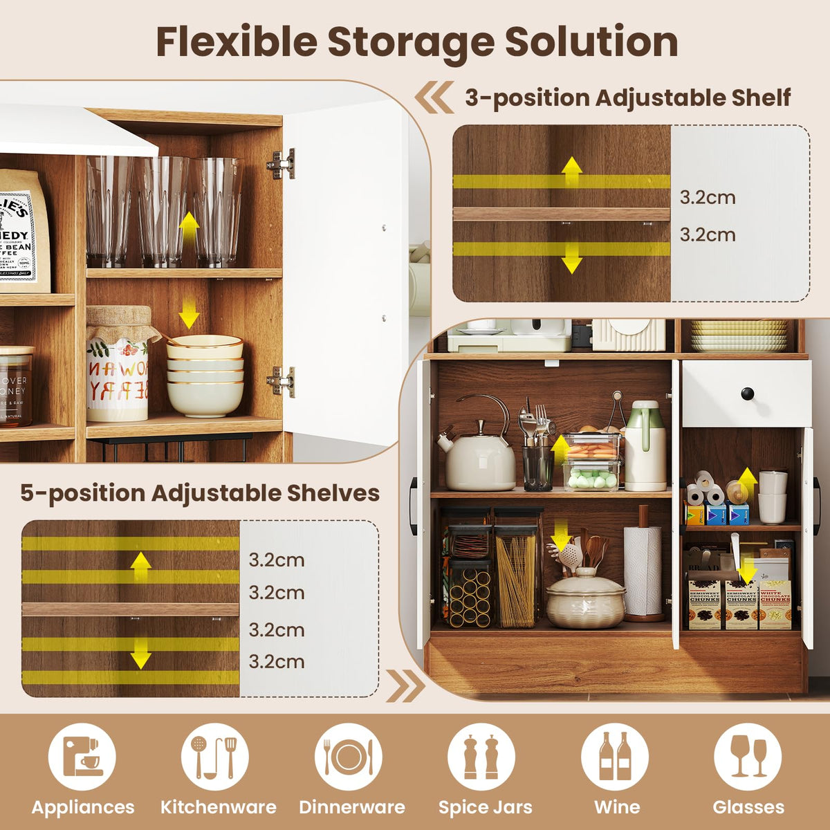 Giantex 167cm Tall Pantry Cabinet w/Hutch & Power Outlets
