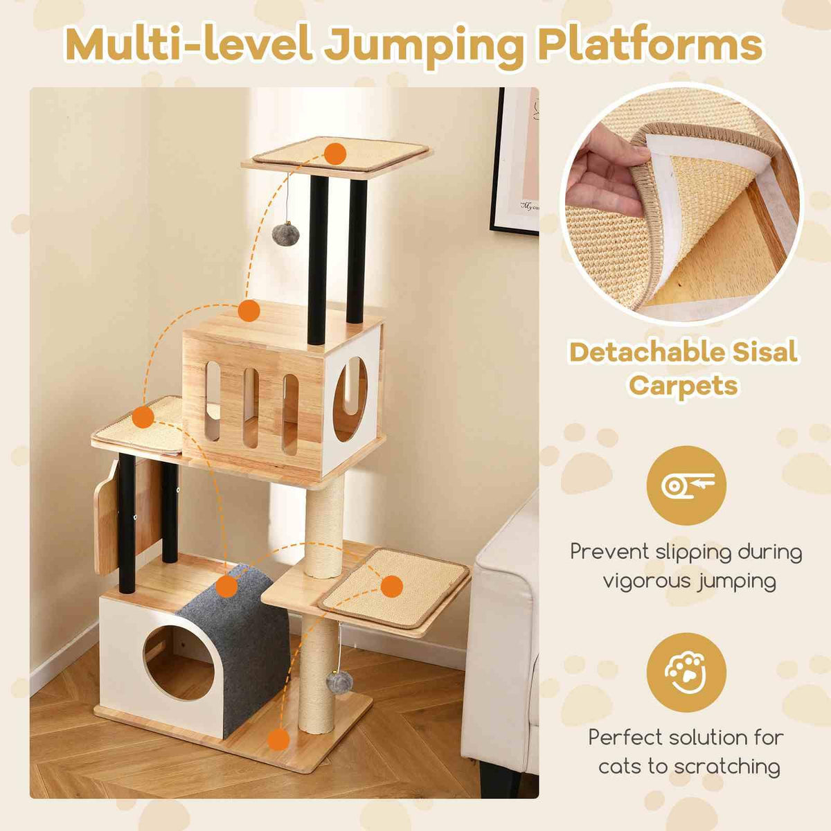 Wood Cat Tree Modern Multi-level Cat Tower w/Double Condos & Sisal Posts Indoor