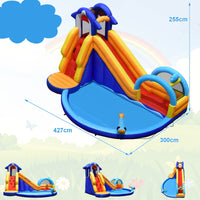 Shark Theme Bouncy House with Slide, Splash Pool, Climbing Wall, Water Gun, Outdoor Jumping Castle with Hose, Carry Bag, Stakes (without Blower)