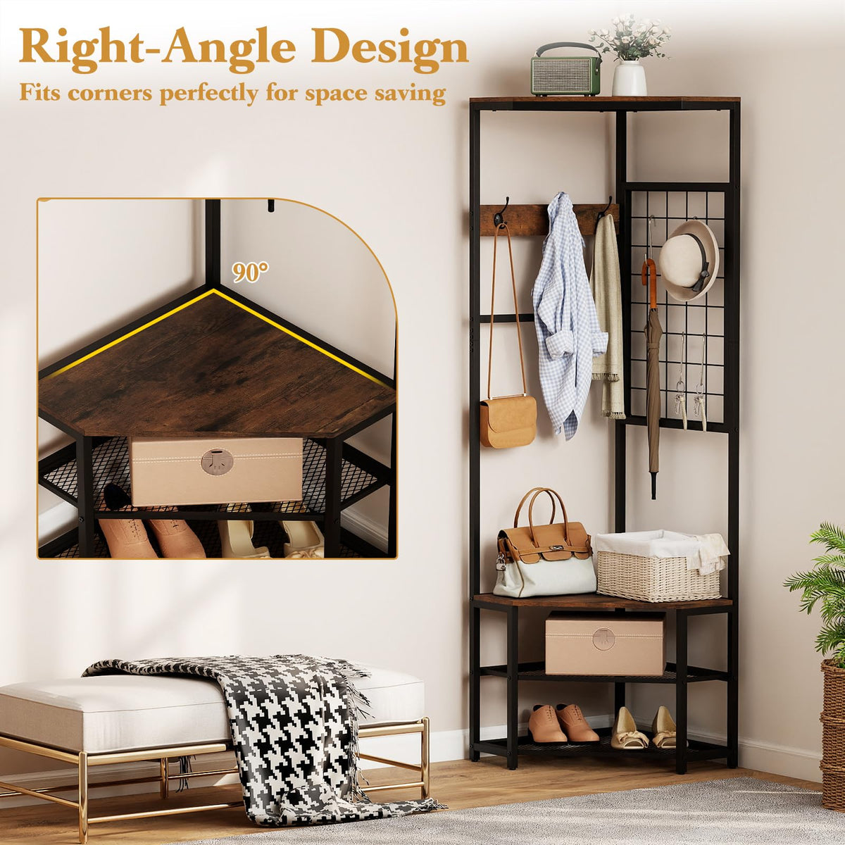 Freestanding Coat Rack with Storage Shelves and Shoe Racks