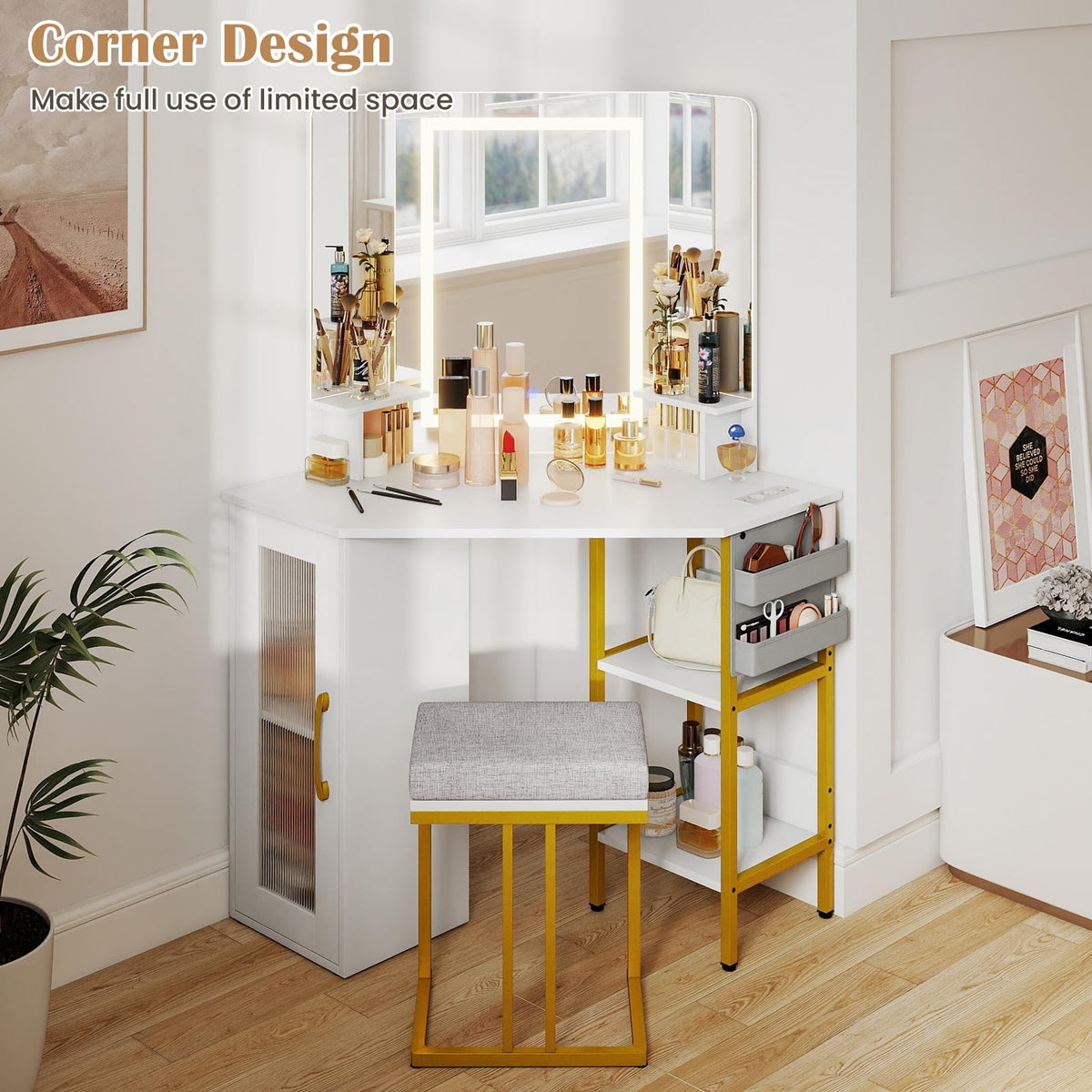 Makeup Vanity Desk with Mirror and Lights Corner Dressing Table