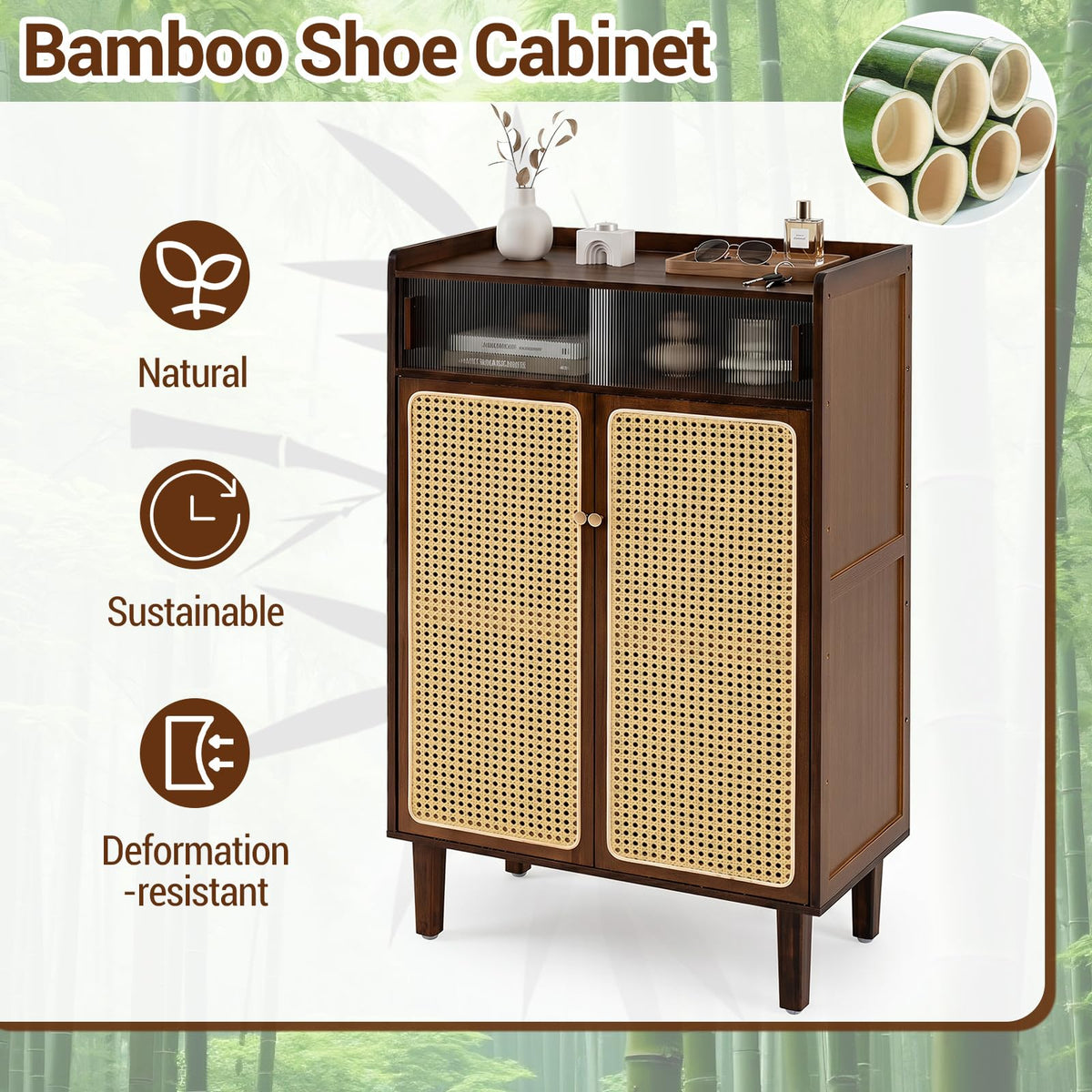 Bamboo Shoe Cabinet with Woven Rattan Doors for Entryway
