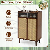 Bamboo Shoe Cabinet with Woven Rattan Doors for Entryway