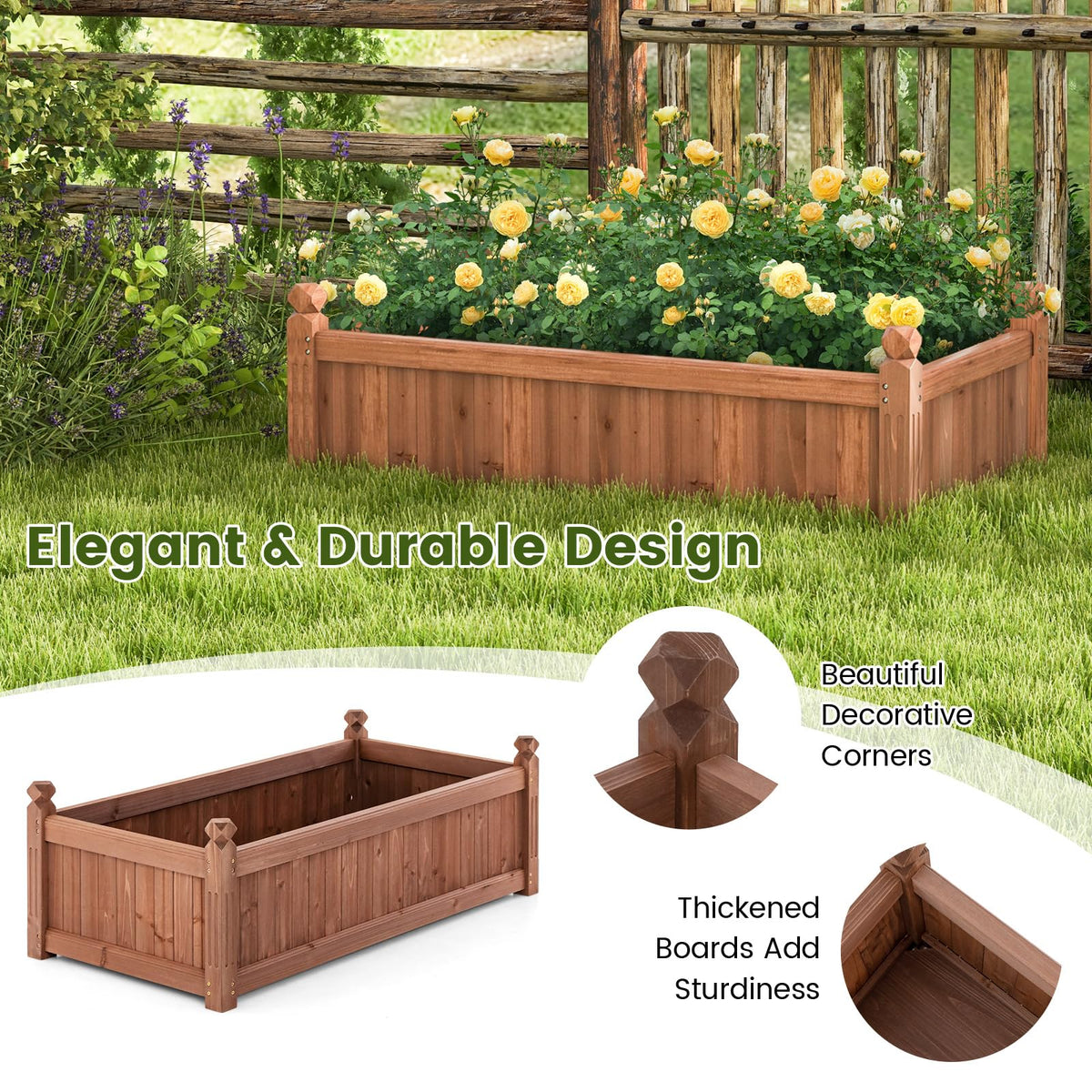 Wood Raised Garden Bed, 111 x 59 x 40 CM Rectangular Planter Box w/Drainage Holes for Growing Vegetables