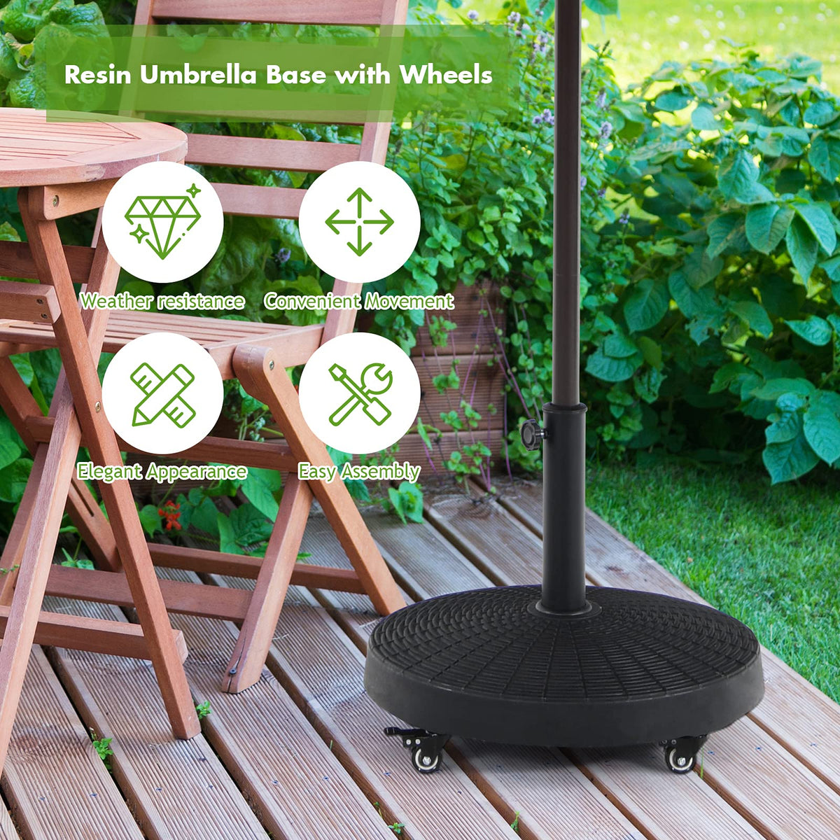 24kg Round Resin Umbrella Base, Rattan Designed Outdoor Umbrella Stand W/Lockable Wheels