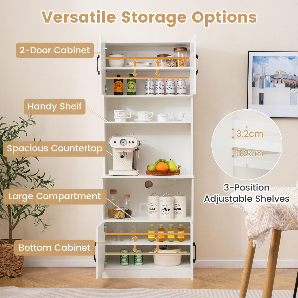 Giantex Pantry Cabinet with Power Outlets, Freestanding Narrow Kitchen Hutch
