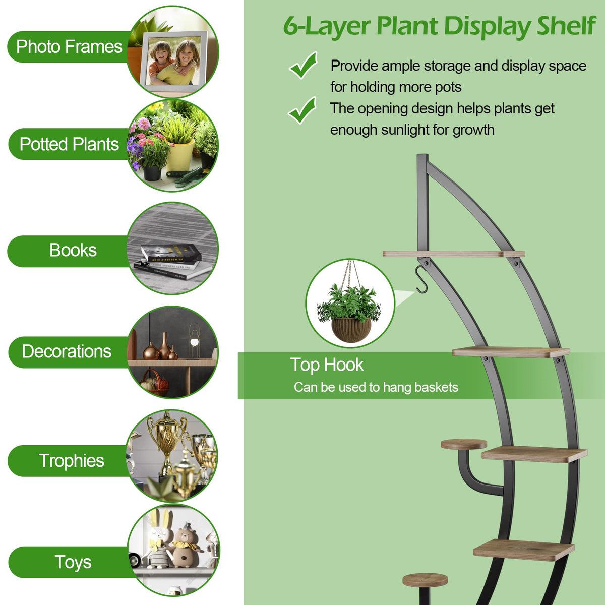 6-Tier Tall Metal Plant Stand Rack, Curved Half Moon Shape Ladder Planter Shelf W/ Top Hook