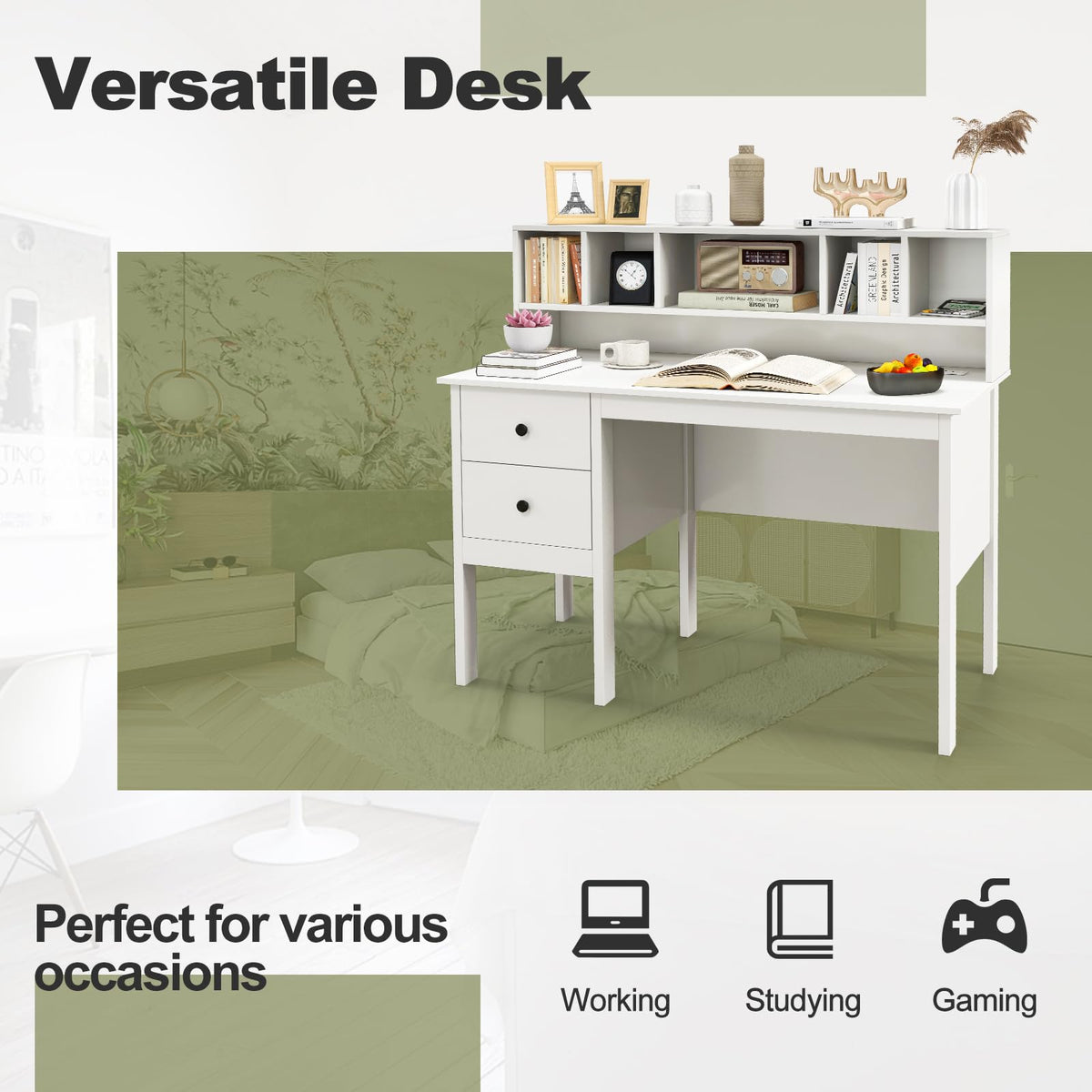 Giantex Writing Desk with USB Charging Ports & Power Outlets, 120cm Computer Desk with Drawers & 5-Cubby Hutch