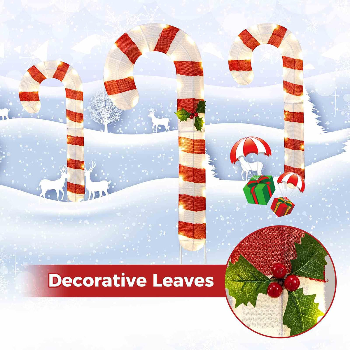 3 Pieces 80CM Pre-Lit Xmas Yard Candy Canes with 75 LED Lights