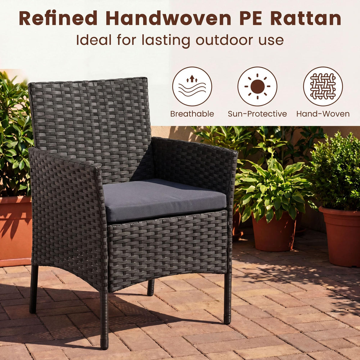 PE Rattan 3-Piece Patio Bistro Set with Tempered Glass Table