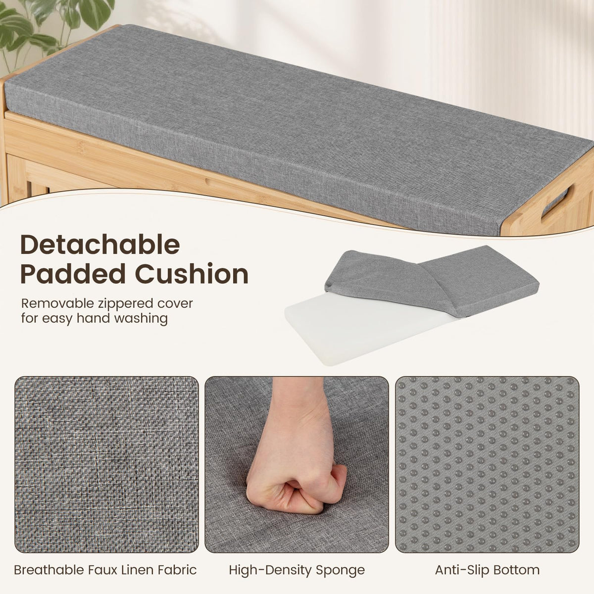 90 cm Bamboo Shoe Storage Bench with Lift Top and Cushion for Entryway