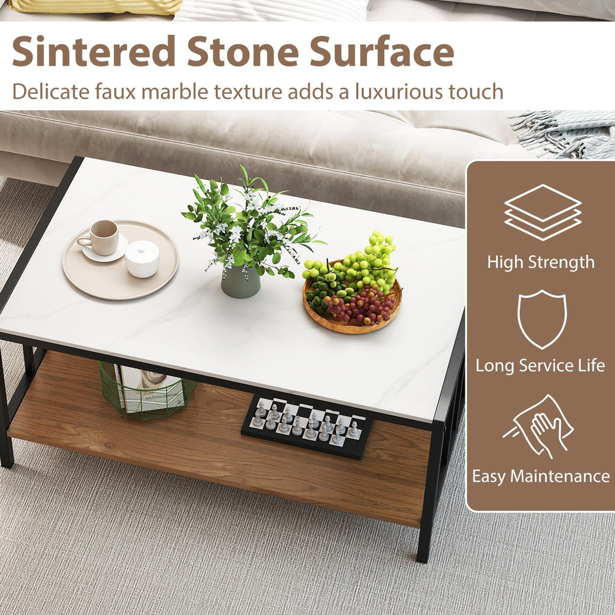 2-Tier Rectangular Center Table with Sintered Stone Tabletop