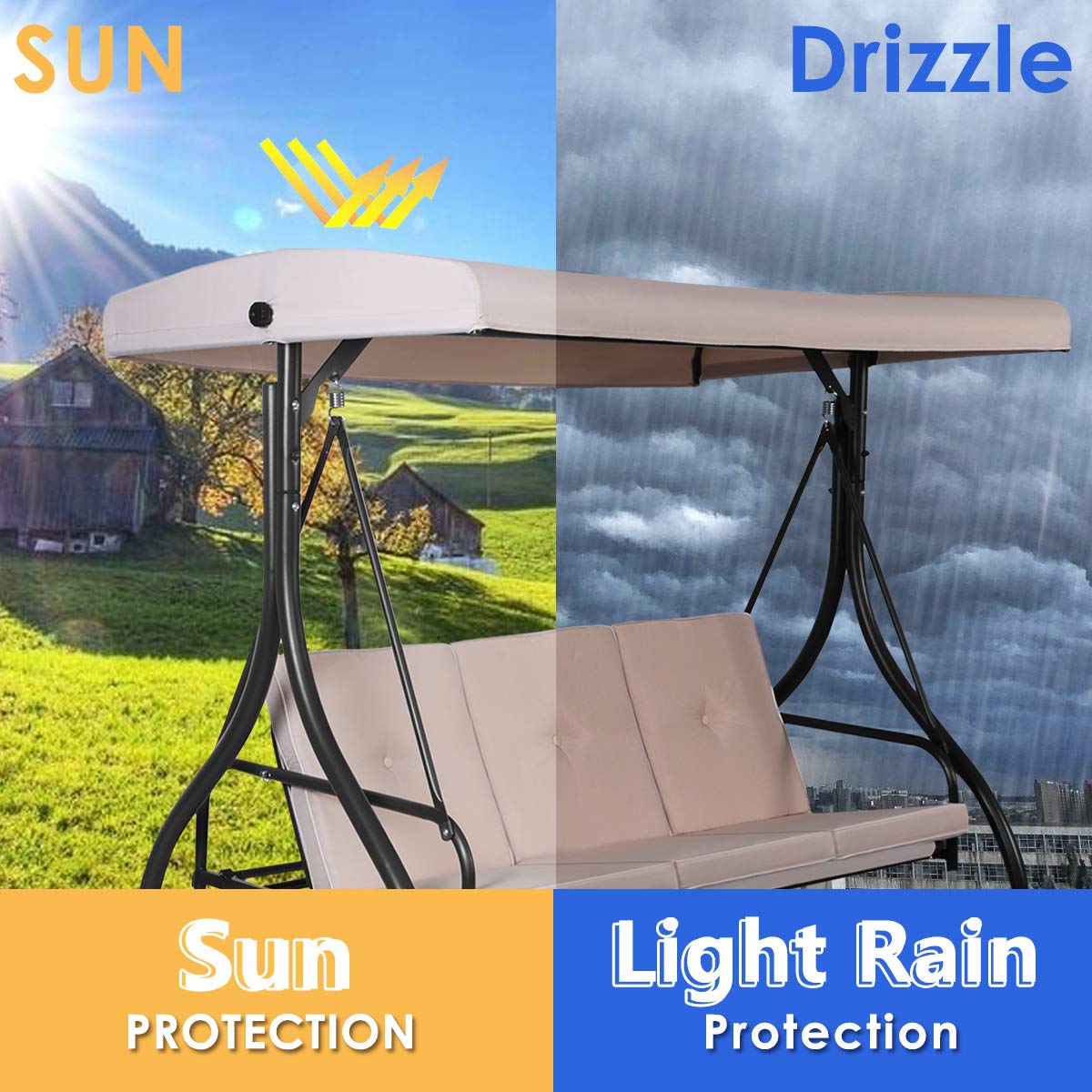 3-Person Convertible Canopy Swing with 3 Comfortable Cushion Seats for Garden & Balcony