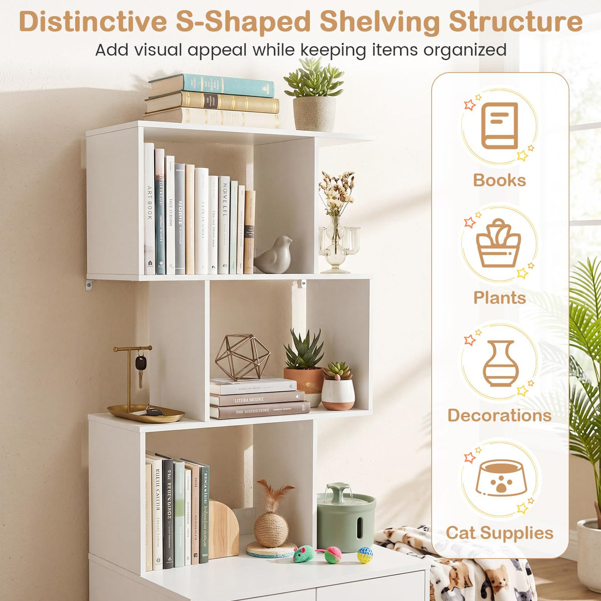 142 cm Tall 2-in-1 Cat Litter Box Enclosure w/Storage Pet House Corner Bookshelf