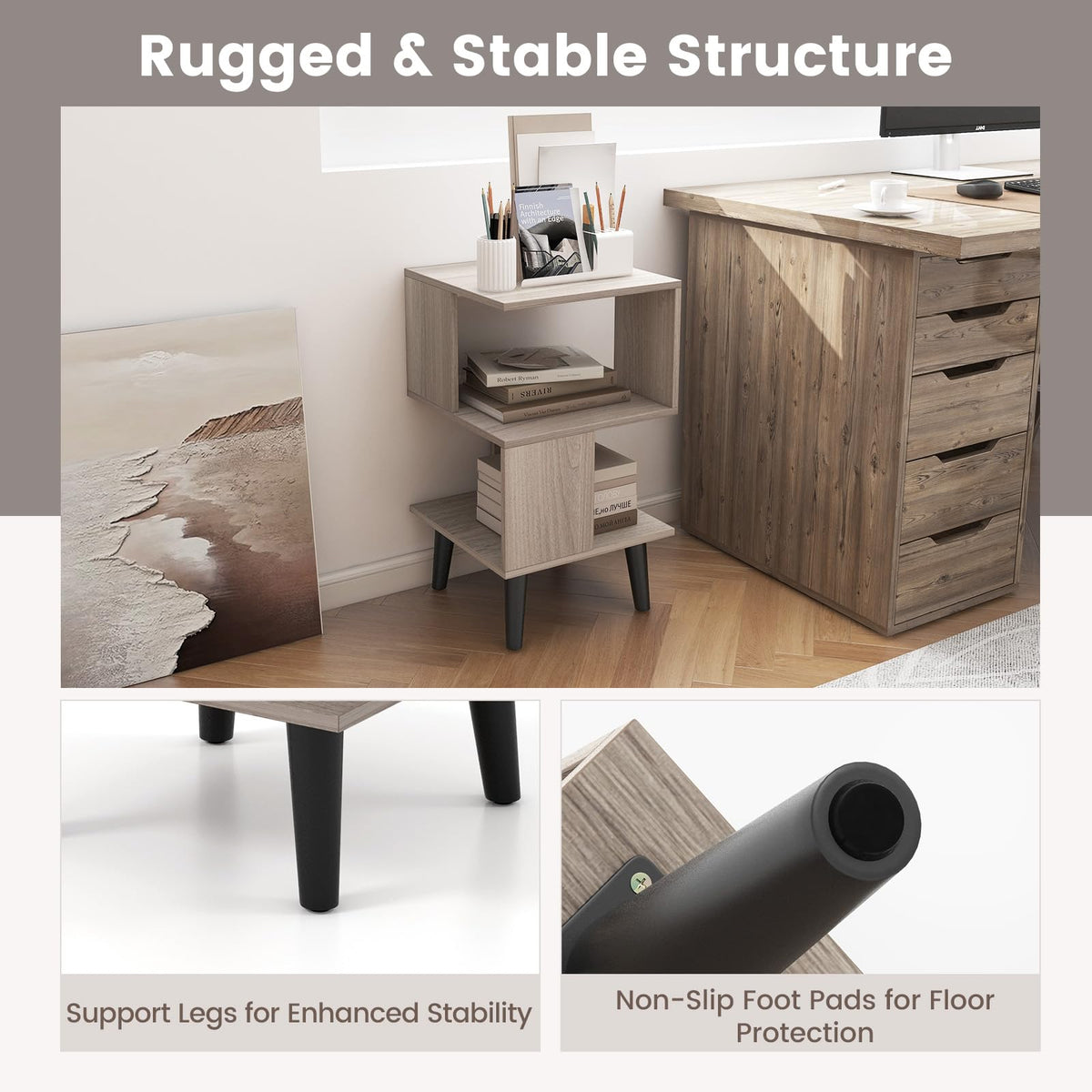 3-Tier Geometric Bookshelf Set of 2, Modern Asymmetrical End Table
