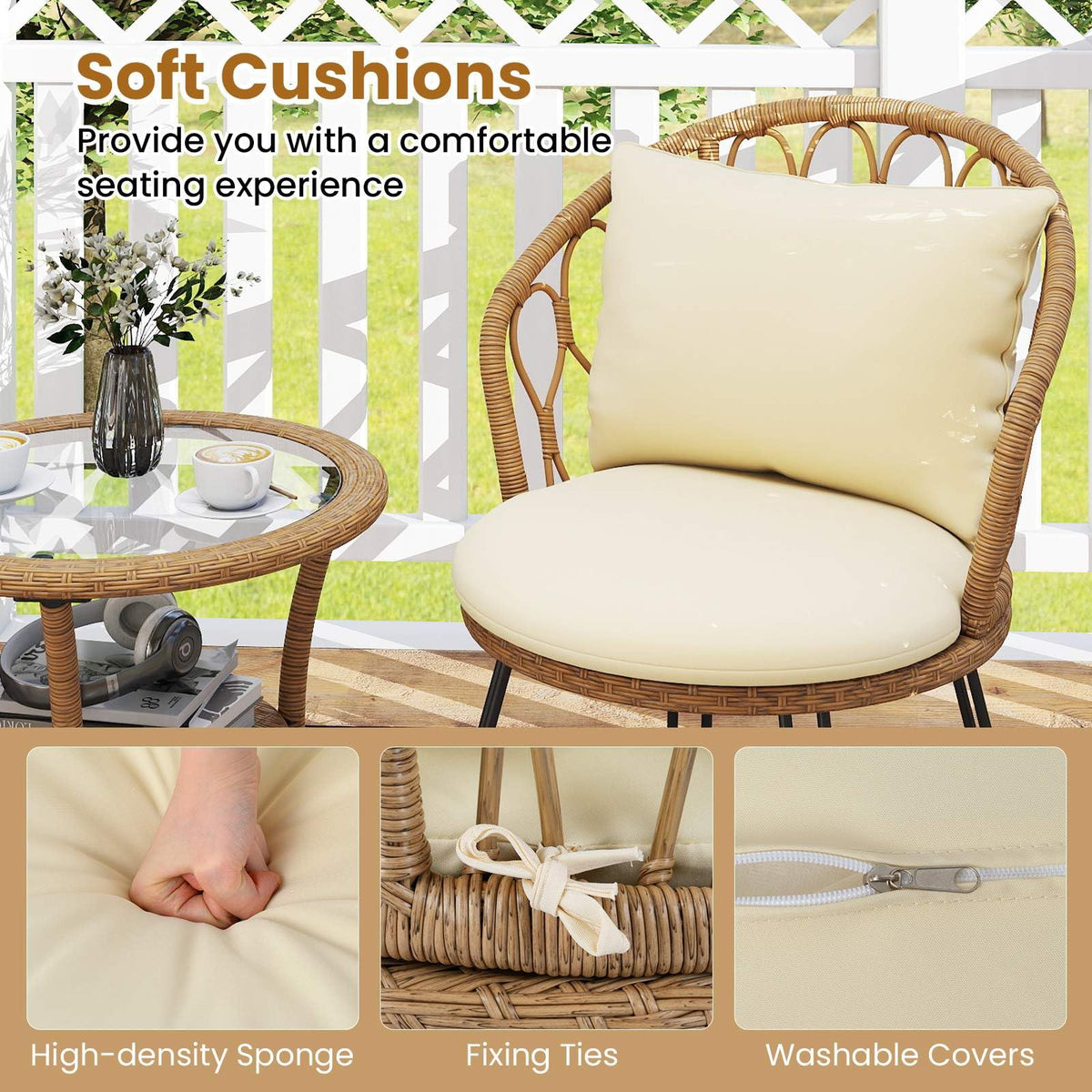 3 Pieces PE Wicker Patio Bistro Set, Outdoor Conversation Set