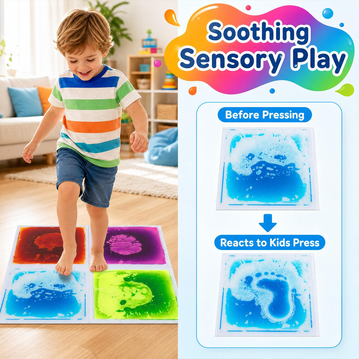 4-Pack Glow-in-the-Dark Liquid Sensory Floor Tiles 30 x 30 CM for Toddlers with Autism