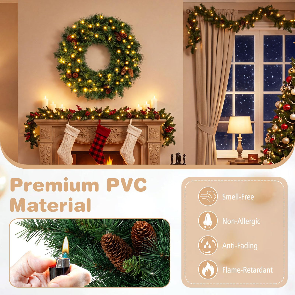 60 CM Pre-Lit Artificial Christmas Wreath, Battery Operated