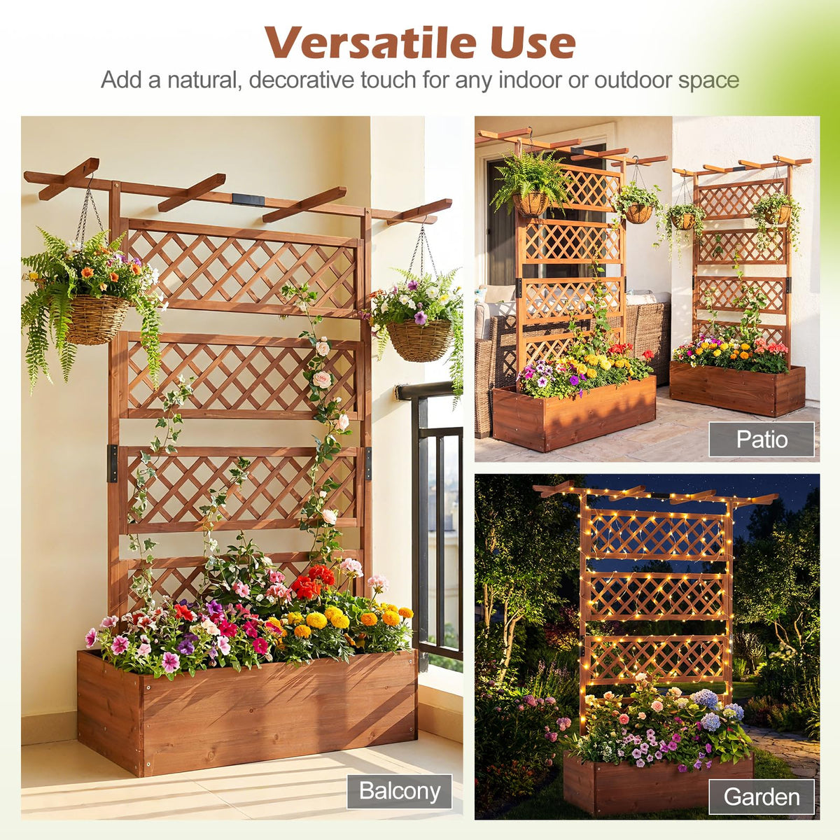 185cm Planter Box with Trellis and Flat Roof for Climbing Plants