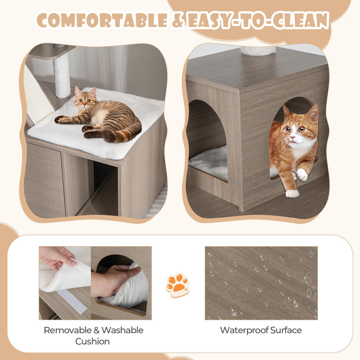 2 in 1 Cat Tree Litter Box Enclosure, Modern Cat Tower with Double Condos, Top Perch