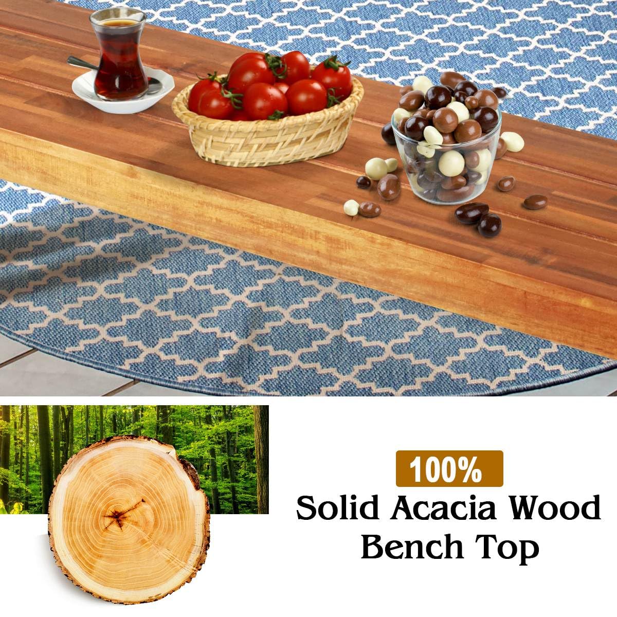 Patio Dining Wood Bench with Rustic Steel Legs
