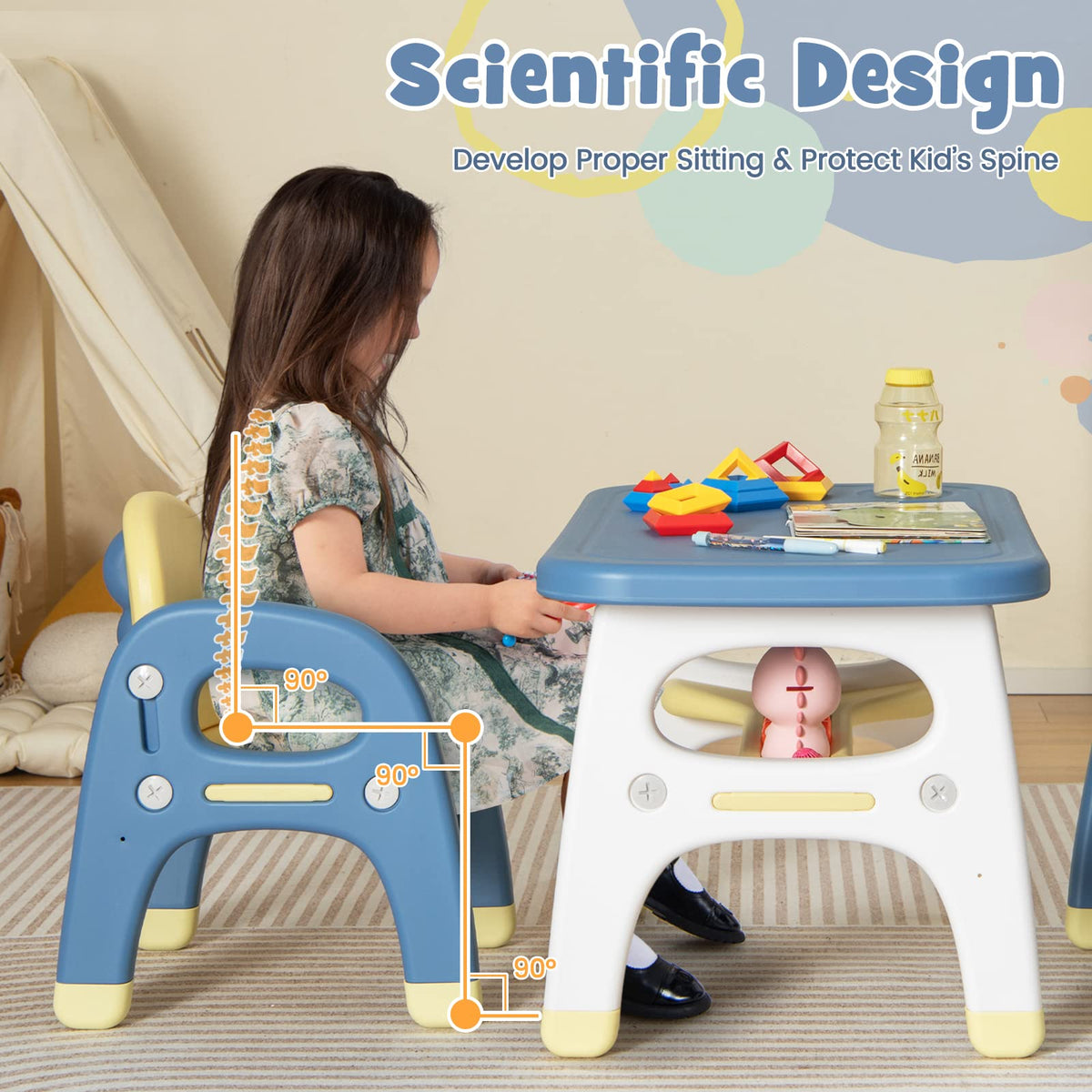 Kids Table and Chairs Set, 3-Piece Activity Table Set for Children w/Curved Storage Shelf for Arts