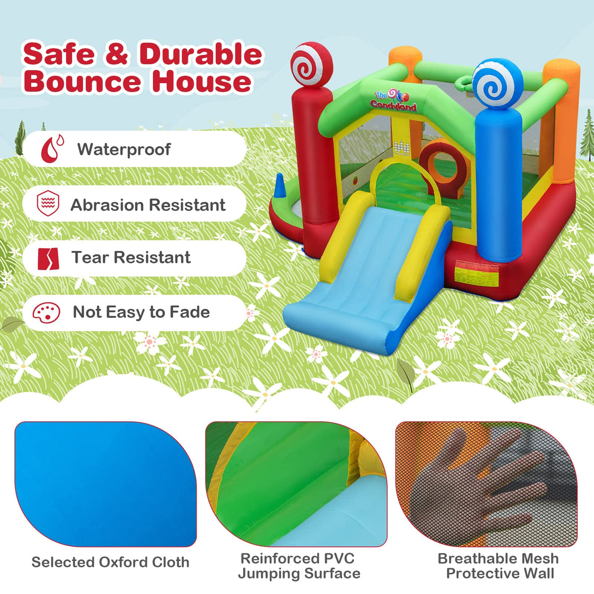 Kids Inflatable Bounce House, Candy Theme Jumping Castle w/Jumping Area with 680W Blower