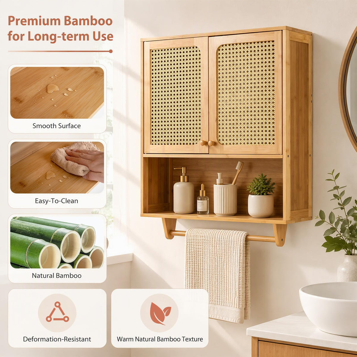 Bamboo Bathroom Wall Cabinet with Towel Rack and Rattan for Bathroom