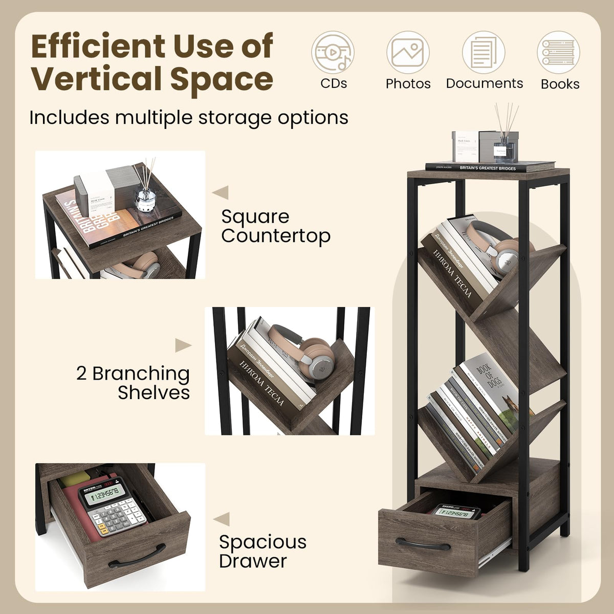 Tree Bookshelf 4 Tier Floor Standing Storage Organizer Tall Narrow Bookcase