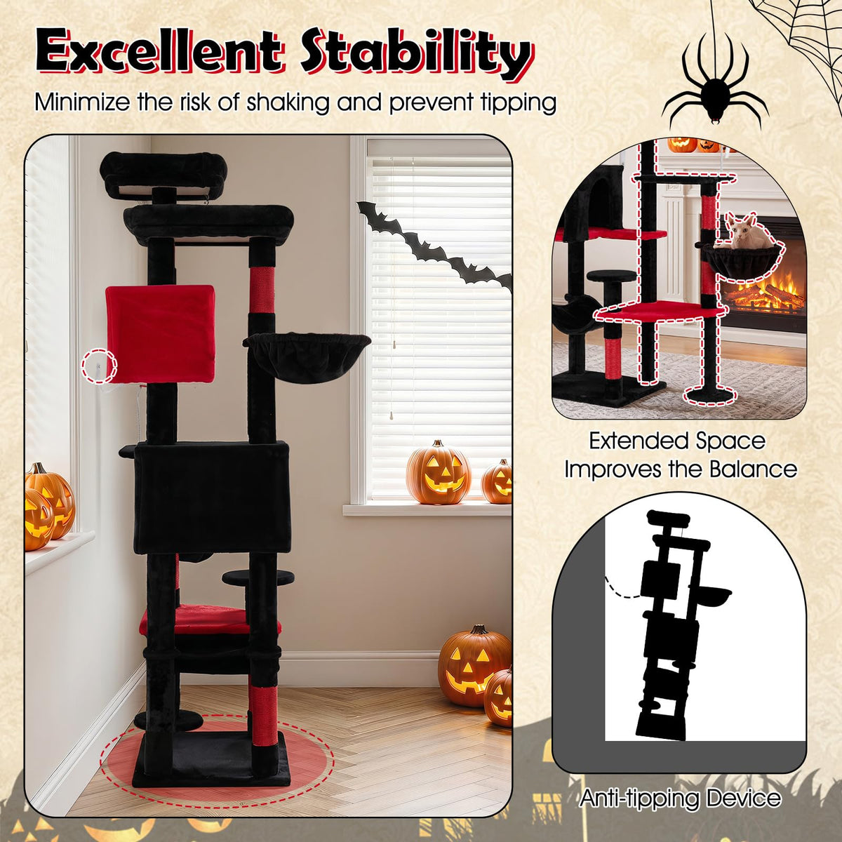 190cm Gothic Cat Tree for Indoor Cats with 2 Plush Perches and 2 Condos for Black Halloween