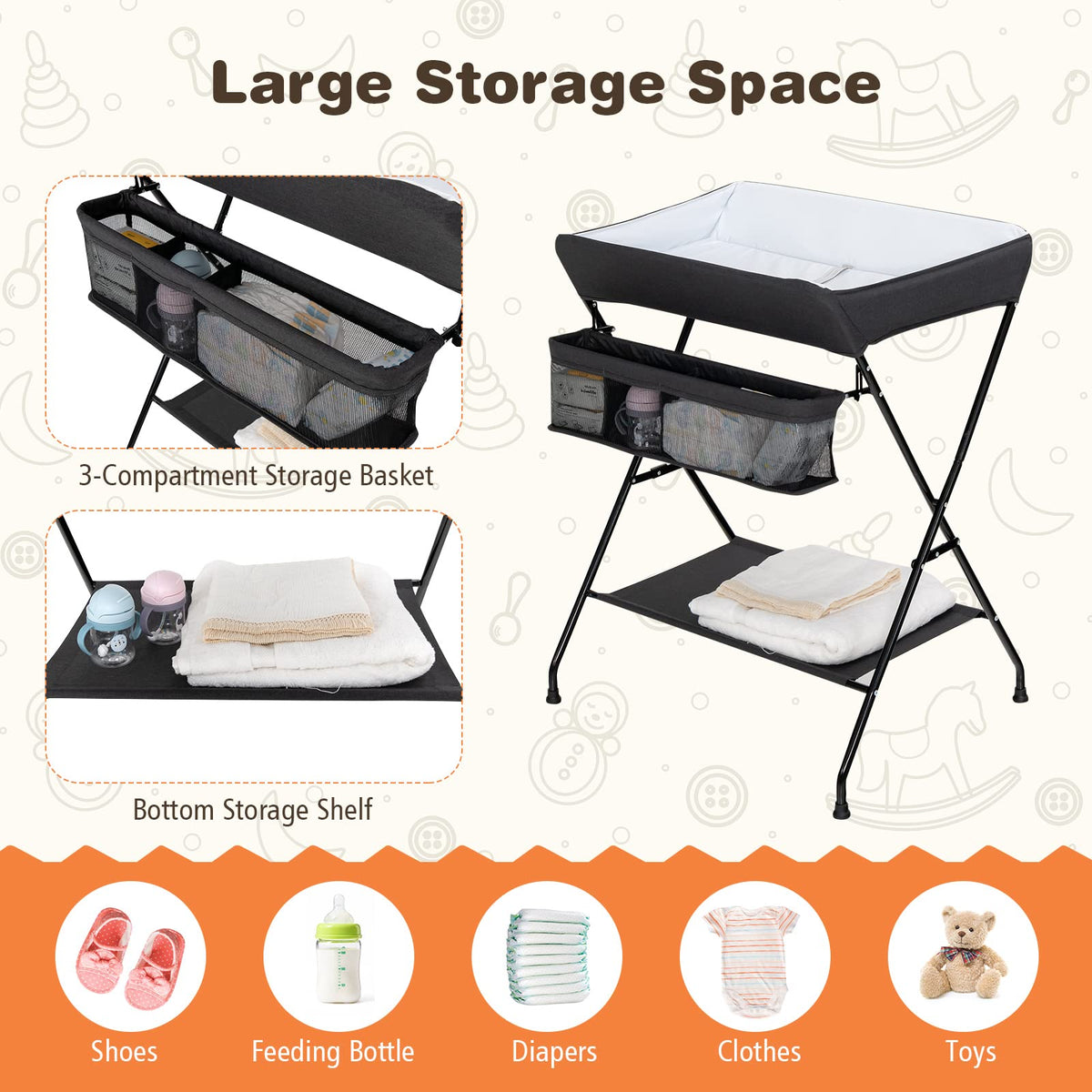 Folding Baby Change Table with Storage Basket & Shelf for Infant & Toddler