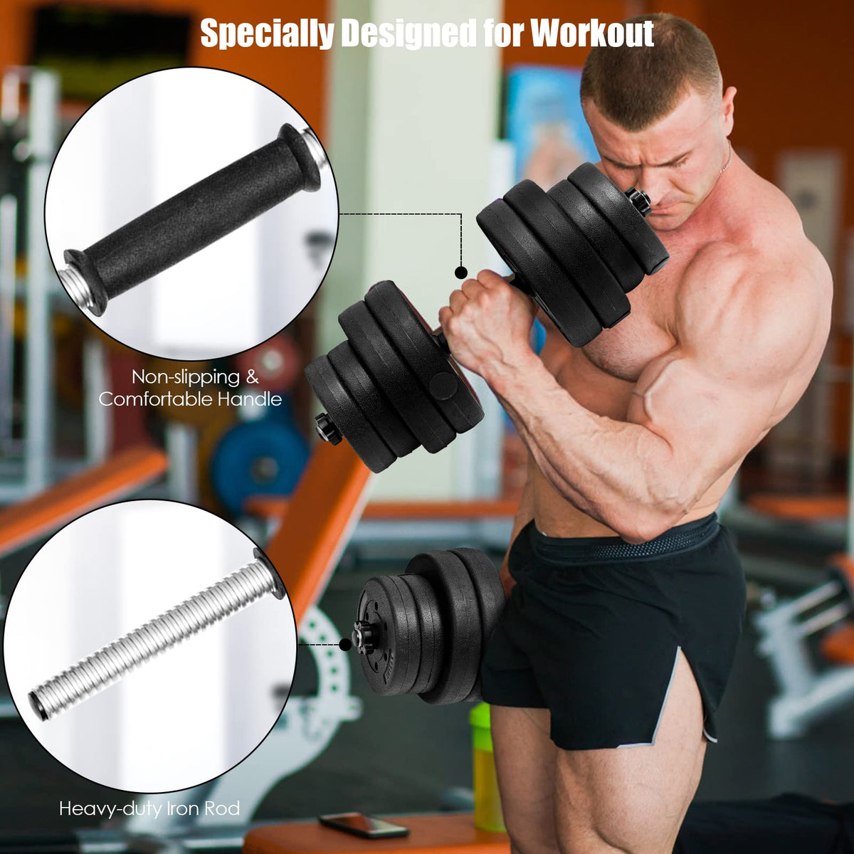 Adjustable Weights Dumbbells Set of 2, Total 30 kg Non-slip Fitness Lifting Barbell