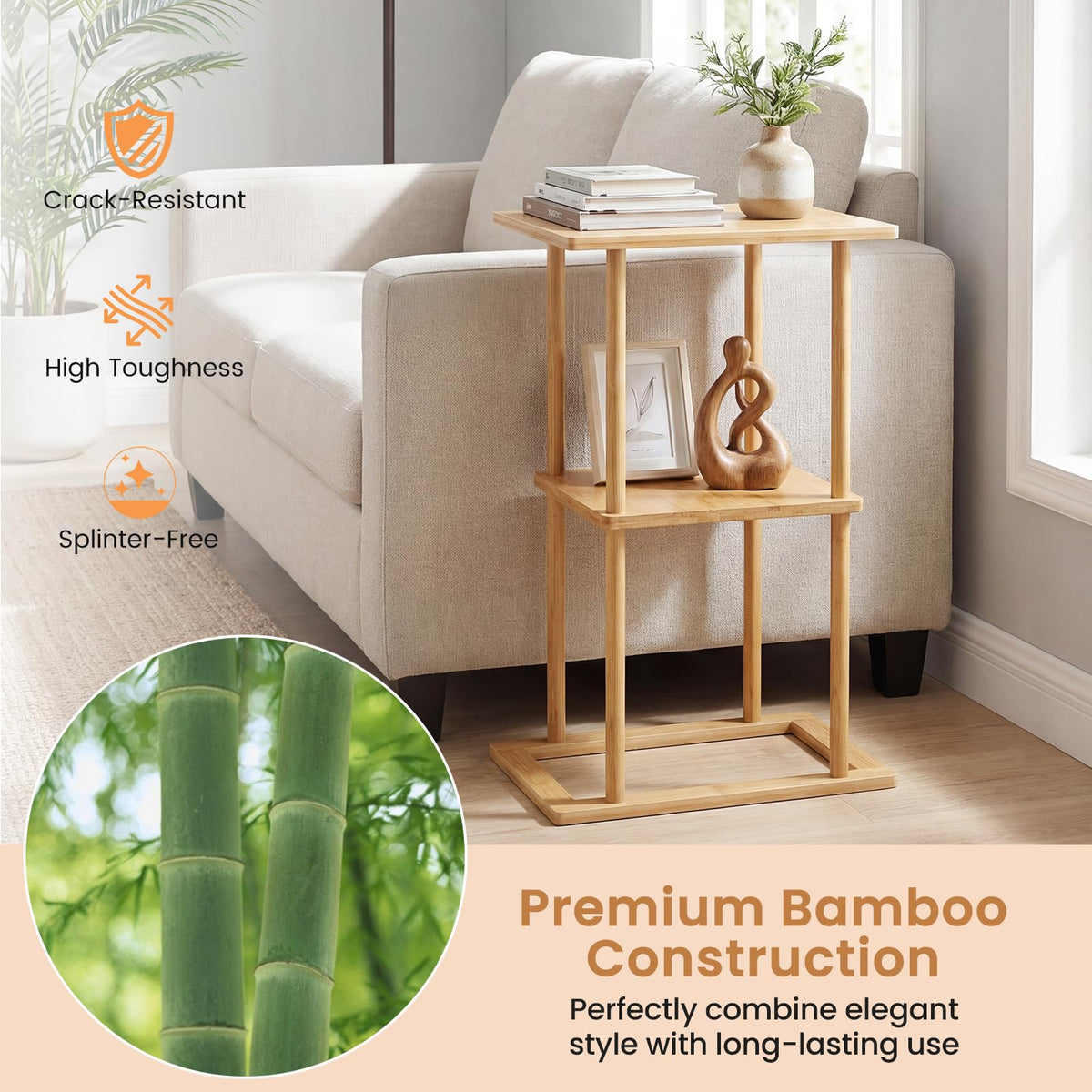 2 Pieces Side Table with Storage Shelves and Bamboo Construction for Living Room