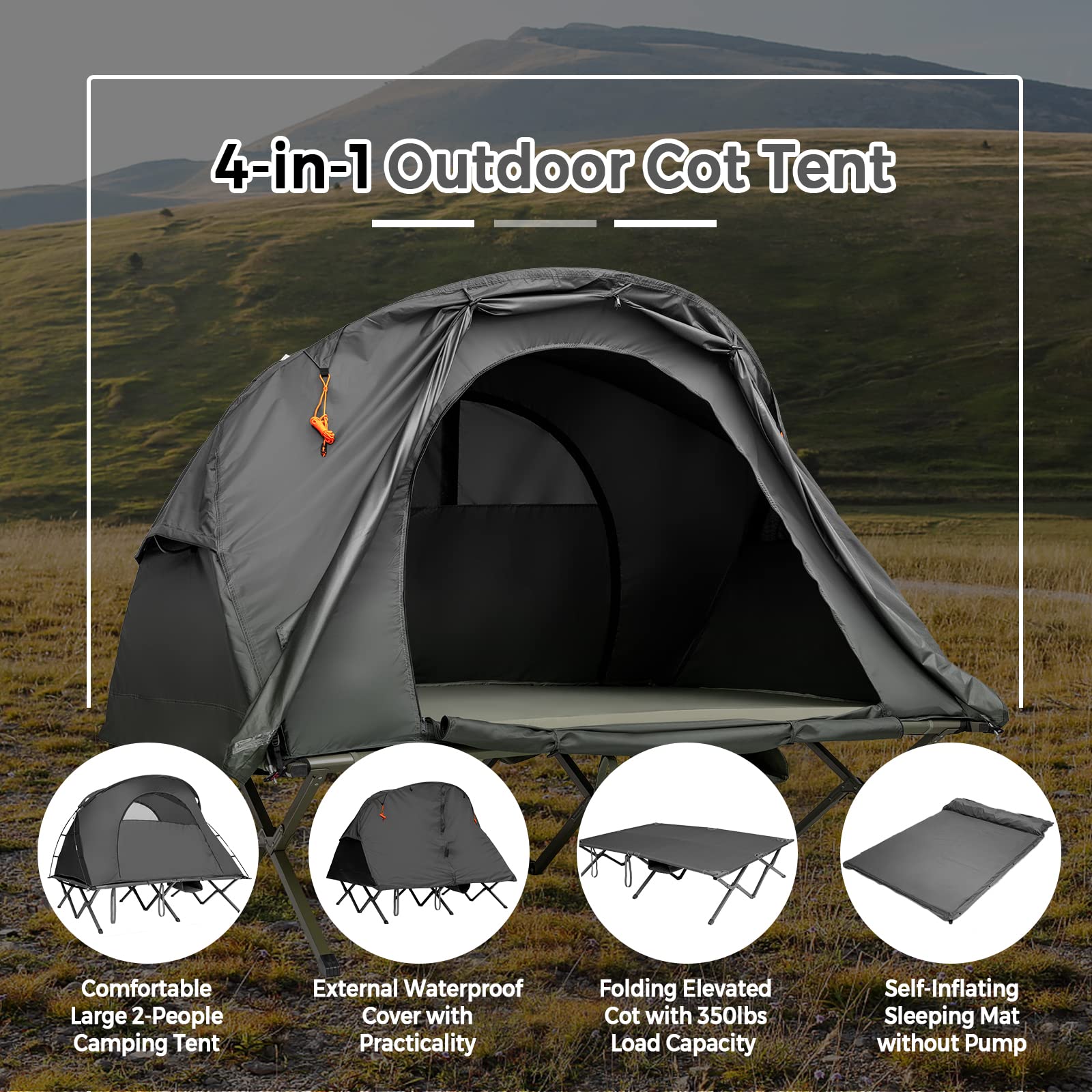 2 Person Camping Cot Tent 4 in 1 Folding Tent Bed W Waterproof External Cover