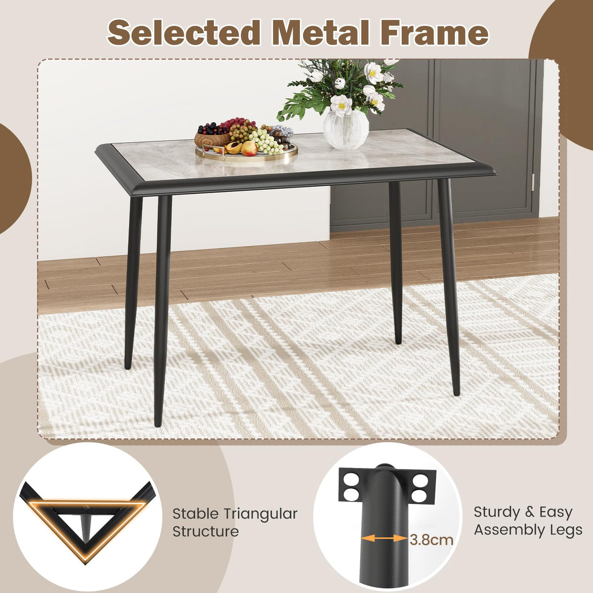 Sintered Stone Dining Table, Rectangular Kitchen Table w/Metal Frame
