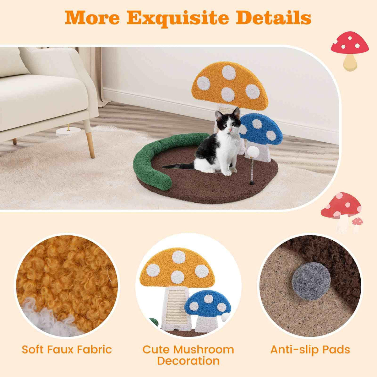 Mushroom Cat Bed, Cat Claw Scratcher w/Wide Bed