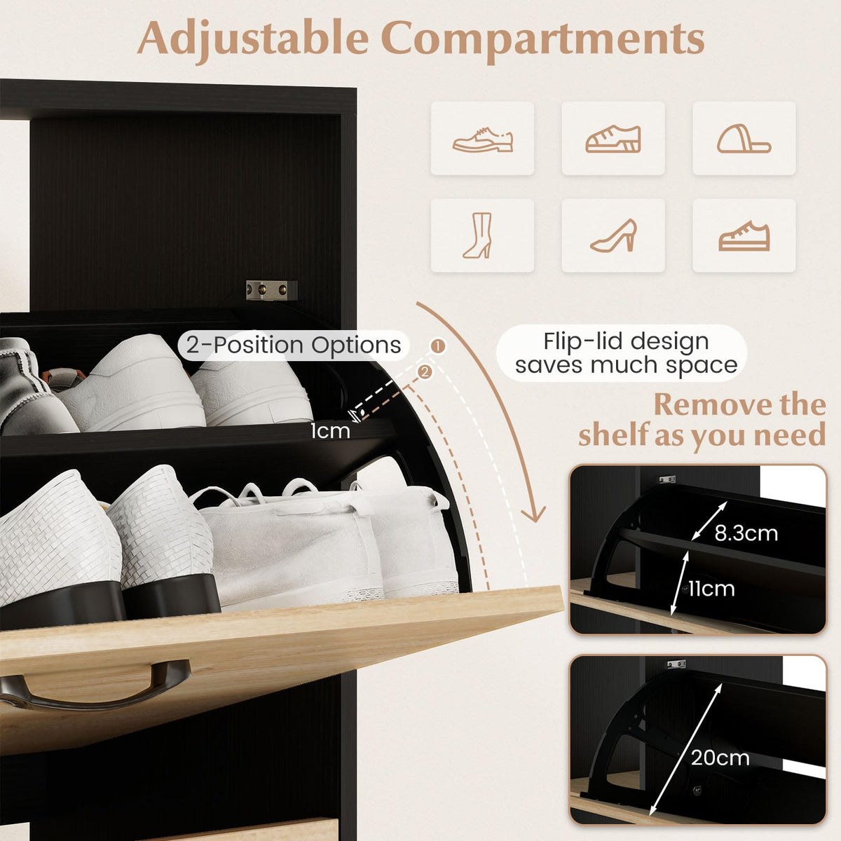 Shoe Storage Cabinet Freestanding Shoe Organizer with 3 Flip Drawers