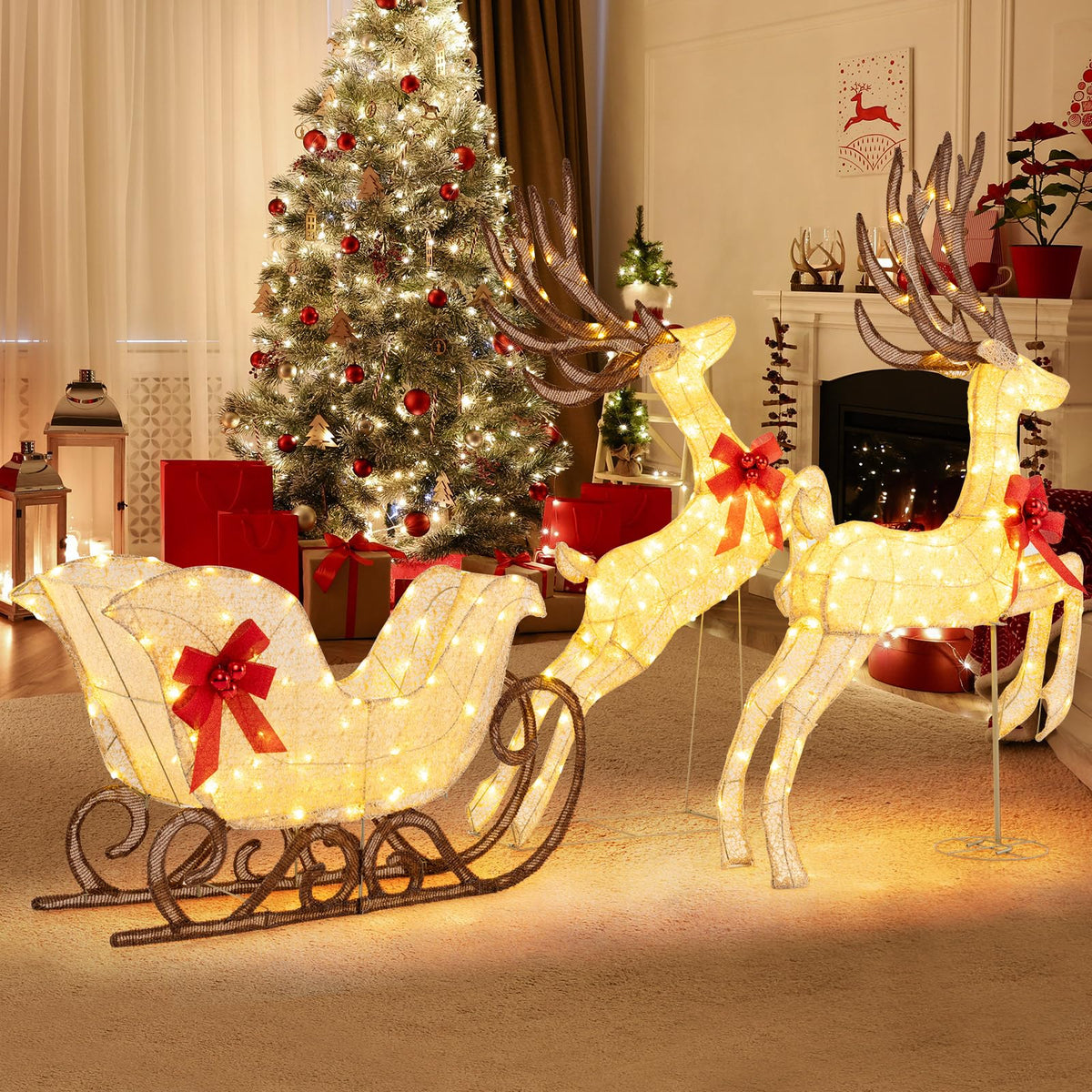 3-Piece Christmas Lighted Reindeer & Sleigh Set, Lighted Xmas Deer Decoration