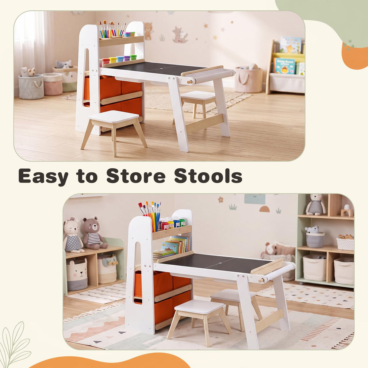 Kids Sensory Art Table 2 Chairs Set with Paper Roll Blackboard and 2 Detachable Activity Basins