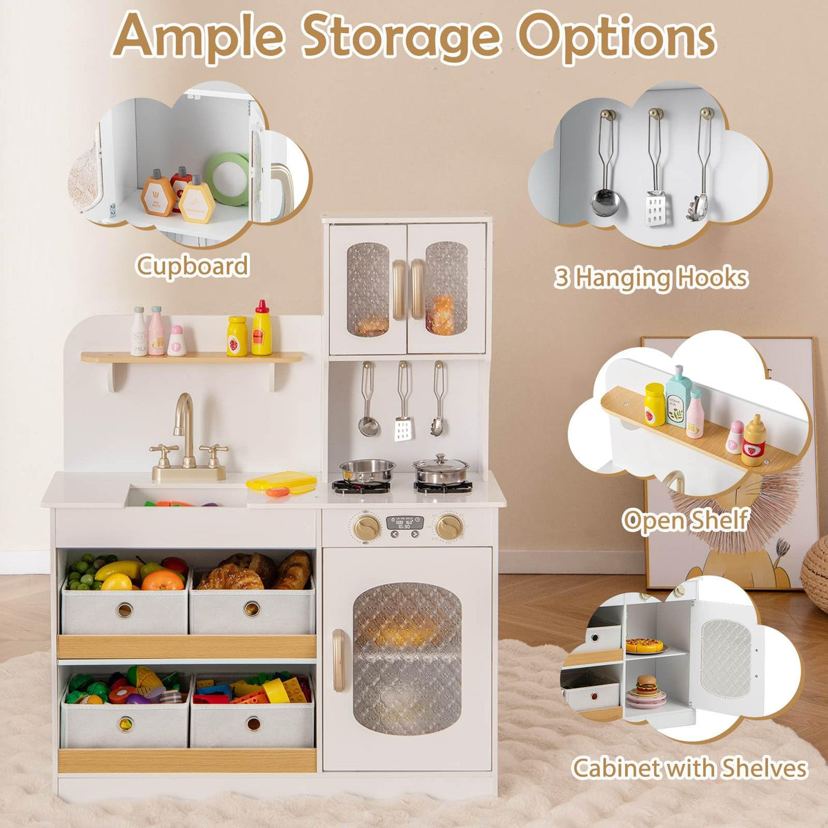Toy Kitchen Storage Play Kitchen for Kids with Storage, Wooden Toy Kitchen Set w/4 Storage ...