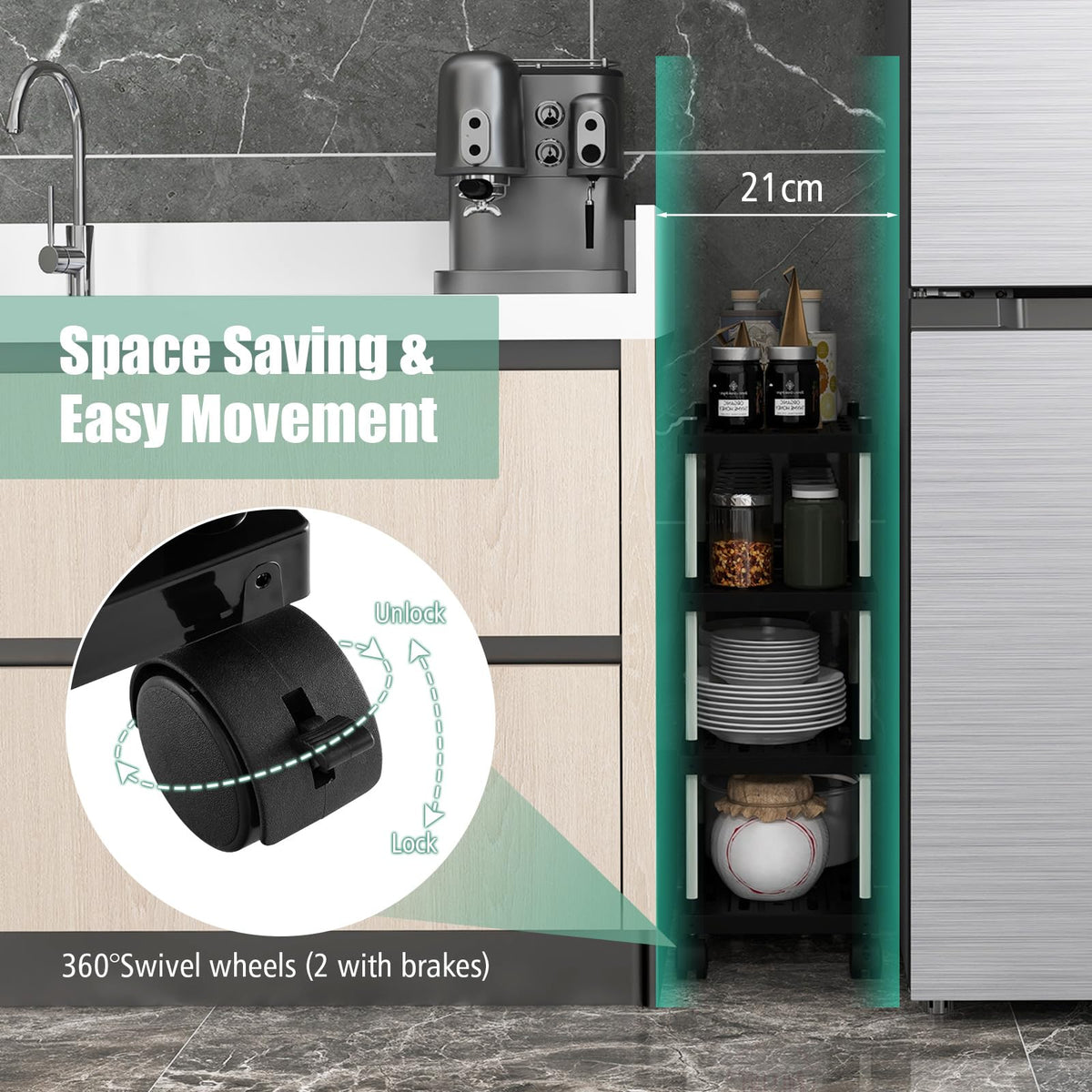 Giantex 4-Tier Slim Storage Cart Bathroom Kitchen Organizer Utility Cart with Lockable Wheels