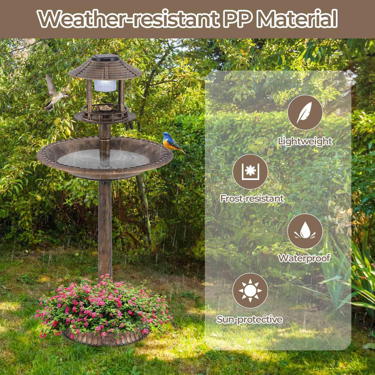 Outdoor Solar Lighted Bird Bath 3-in-1 Pedestal Bird Feeder Decor for Garden