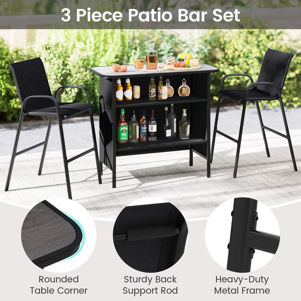 3 Piece Outdoor Bar Set, Patio Bar Height Table & Chairs