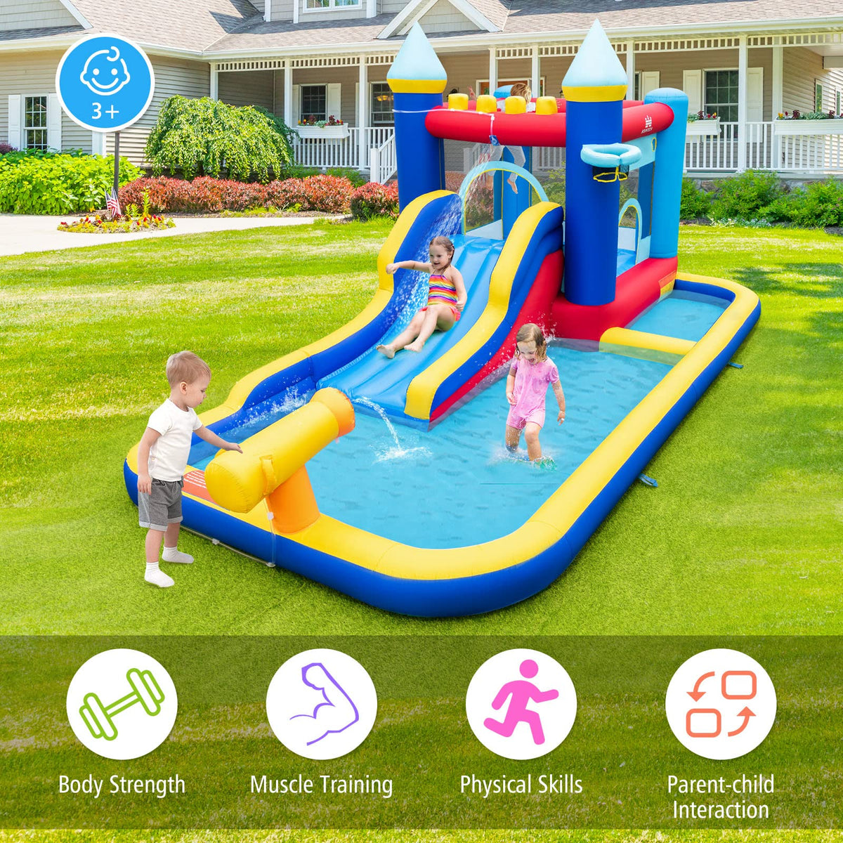 Inflatable Water Slide, Jumping Castle Water Park w/Slides, Jumping House, Ocean Ball Pit, Splash Pool (Without Blower)