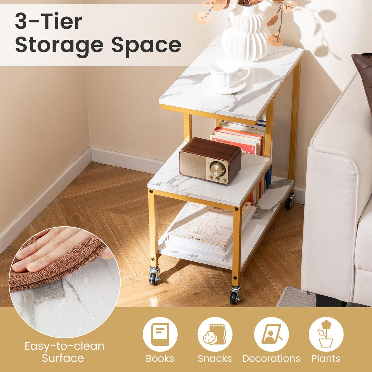 G-Shaped Side Table, 3-Tier Mobile End Table with Open Shelves